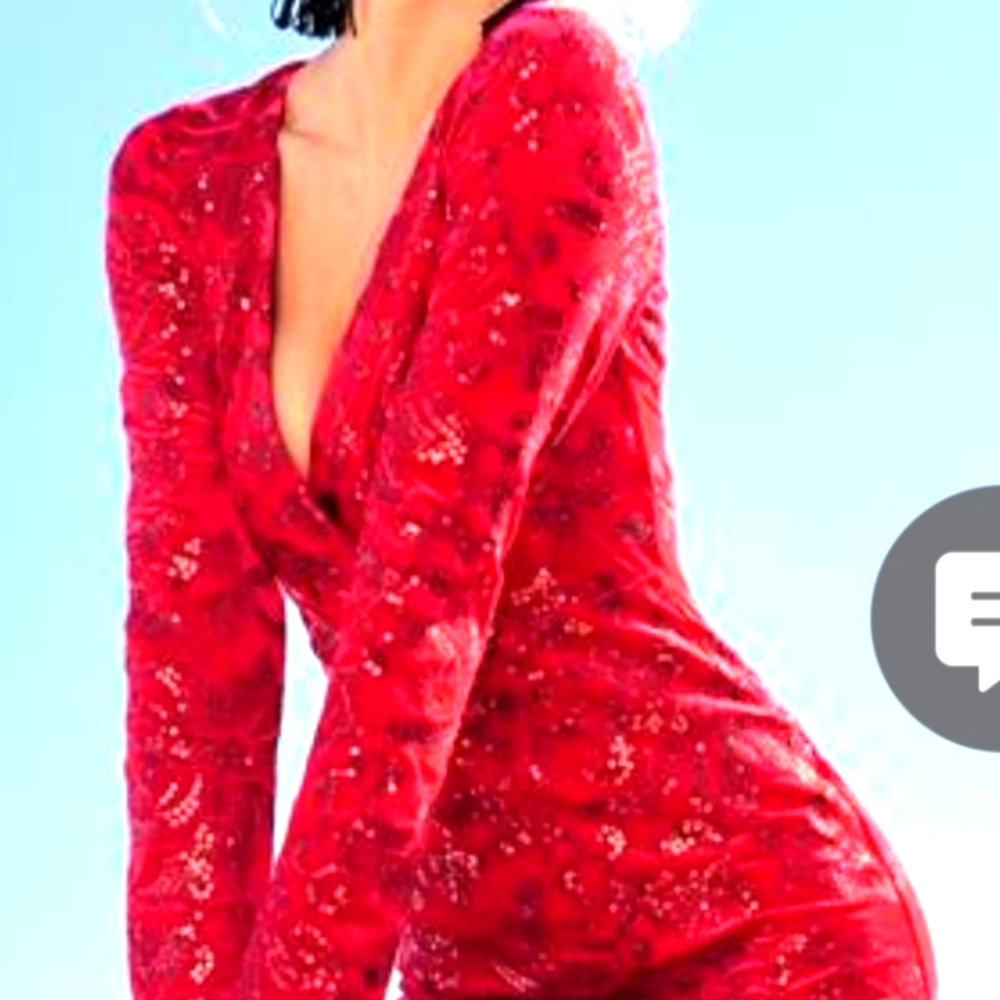 Sequin Red Velvet Detail Dress